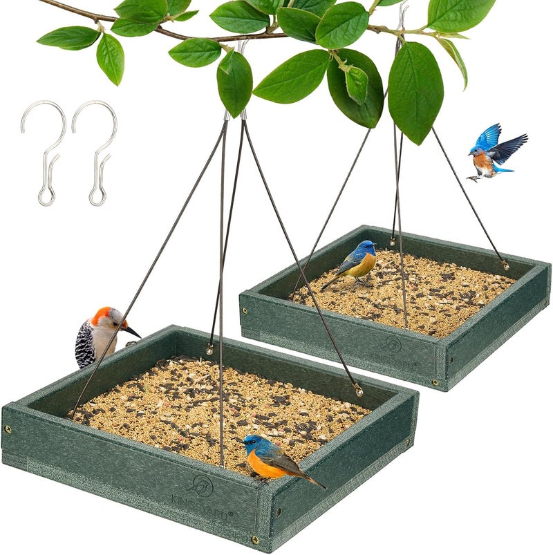 Kingsyard 2 Pack Platform Bird Feeder Tray for Outdoor Hanging - Durable Recycled Plastic & Metal Mesh, Large 3.5 lbs Capacity, Ideal for Attracting Large Birds, Green - Image 1